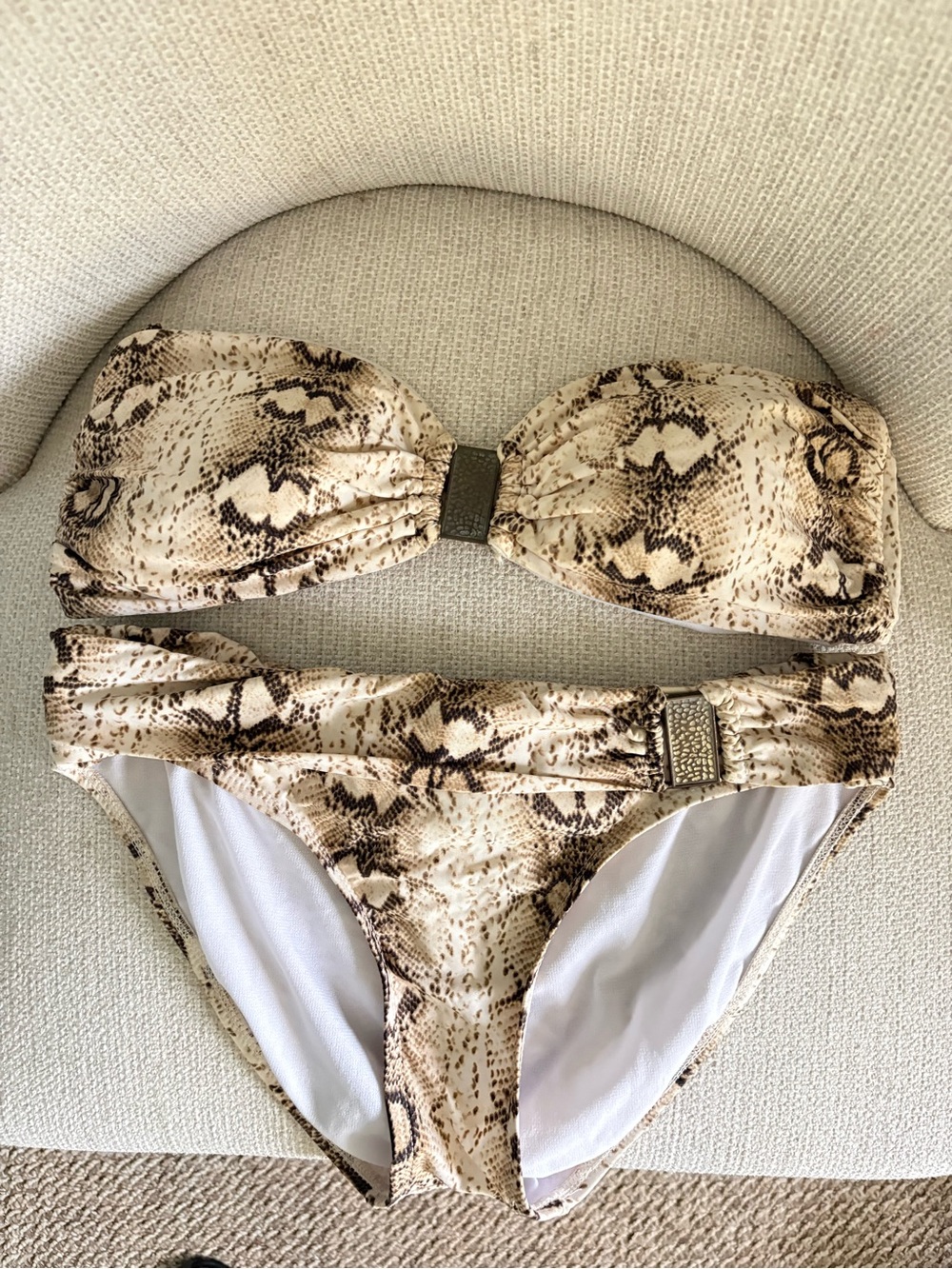 White House Black Market Beige and Brown snake‎ Printed Bikini medium